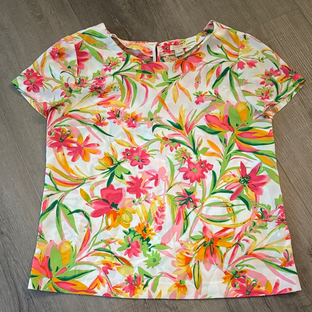 J. Crew Floral Short Sleeve Top - Pink, Green, Yellow